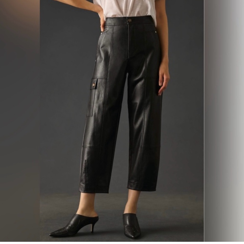 Anthropologie Black Faux Leather Cargo Crop Pants